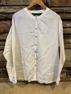 Sketchbook Vintage White Linen Blend Lagenlook Button-Front Relaxed Fit Shirt
